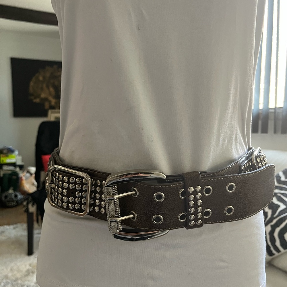 Kathy Van Zeeland Brown Studded Belt with Silver Buckle